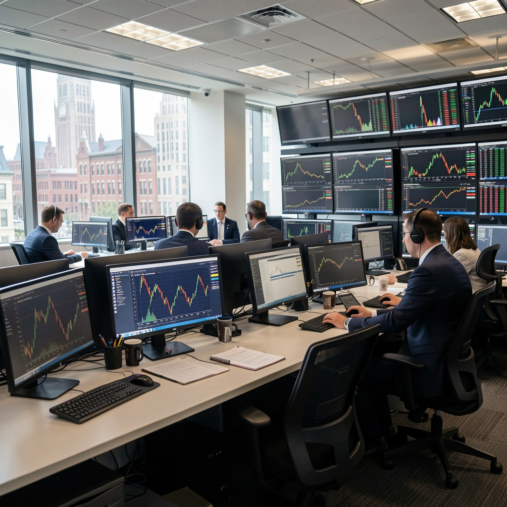 Professional financial services office in Boston with traders using multiple screens and Bloomberg terminals showing market data