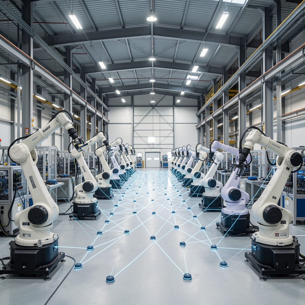 Modern automated manufacturing plant with industrial robots and IoT sensor networks on the factory floor