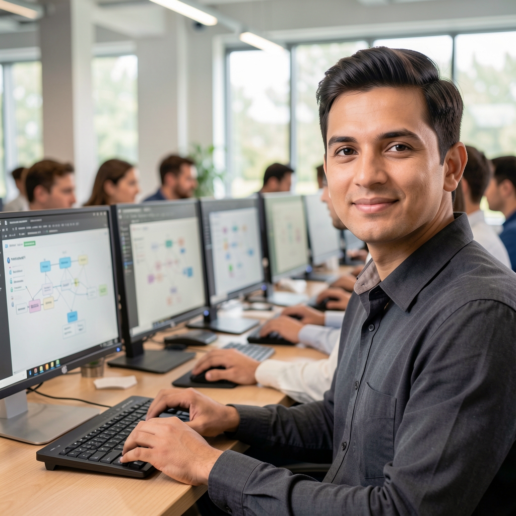 SaaS technology company development team working in an open plan office with multiple monitors displaying software architecture diagrams