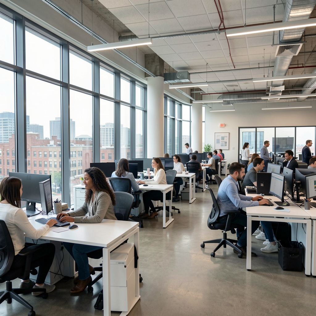 Modern open-plan technology office in Boston with floor-to-ceiling windows, rows of workstations with dual monitors, and teams of professionals collaborating