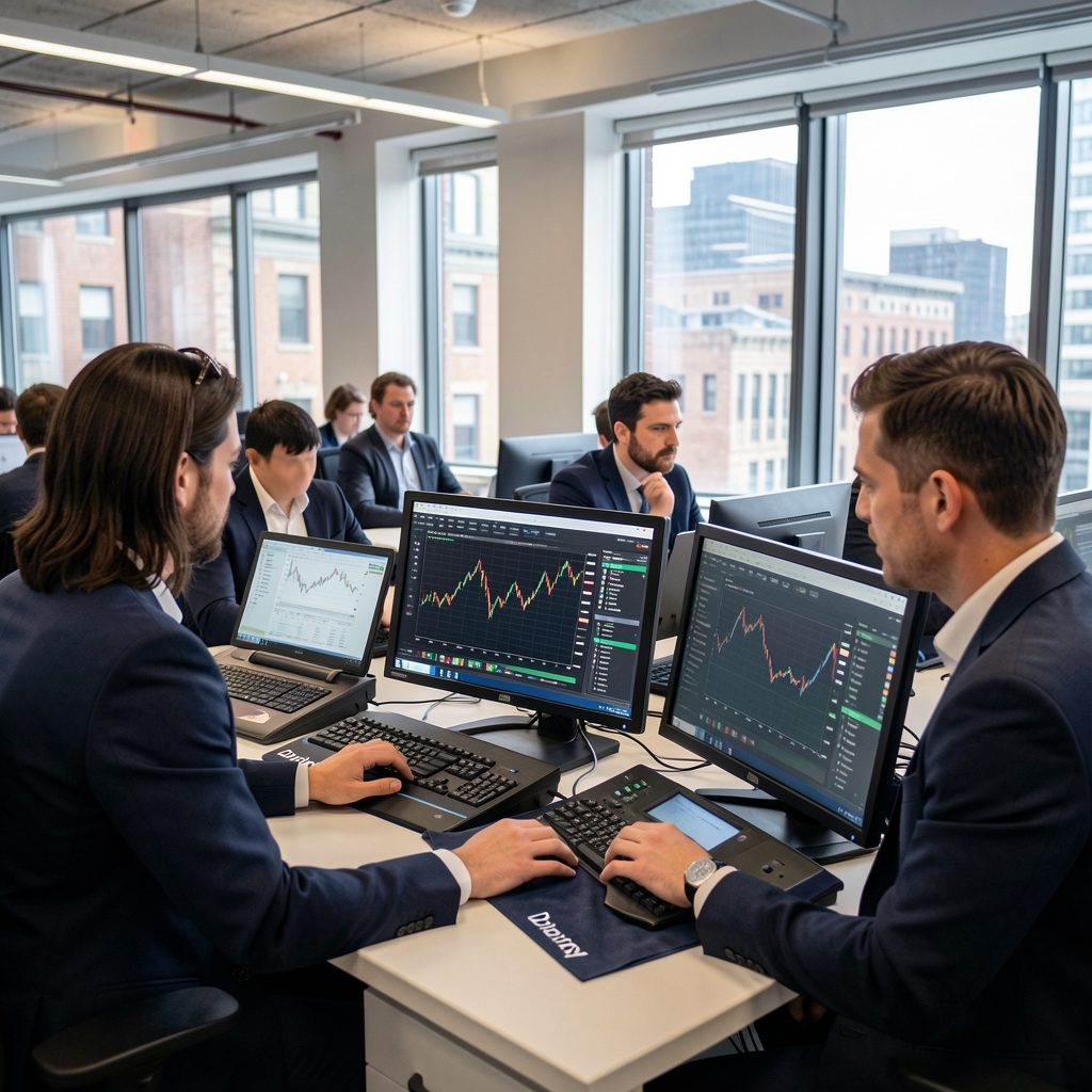 Financial analysts in a modern Boston office reviewing investment data on Bloomberg terminals and dual-monitor workstations