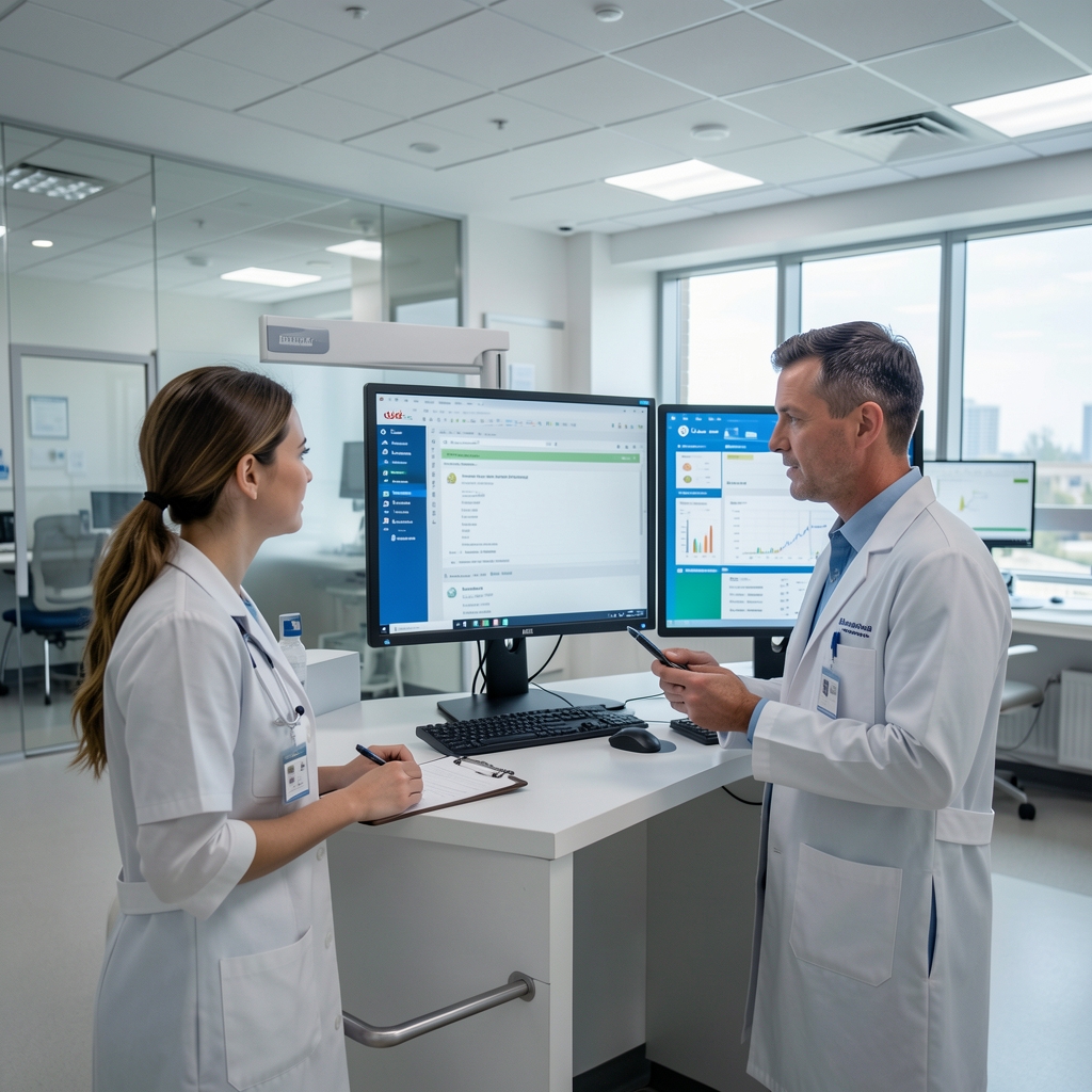 Healthcare IT professionals reviewing electronic health record systems and patient data management screens in a modern hospital setting