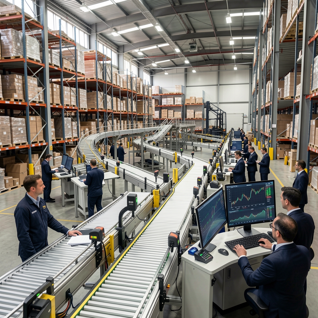 Large distribution warehouse with automated conveyor systems, barcode scanners, and logistics managers monitoring real-time supply chain dashboards