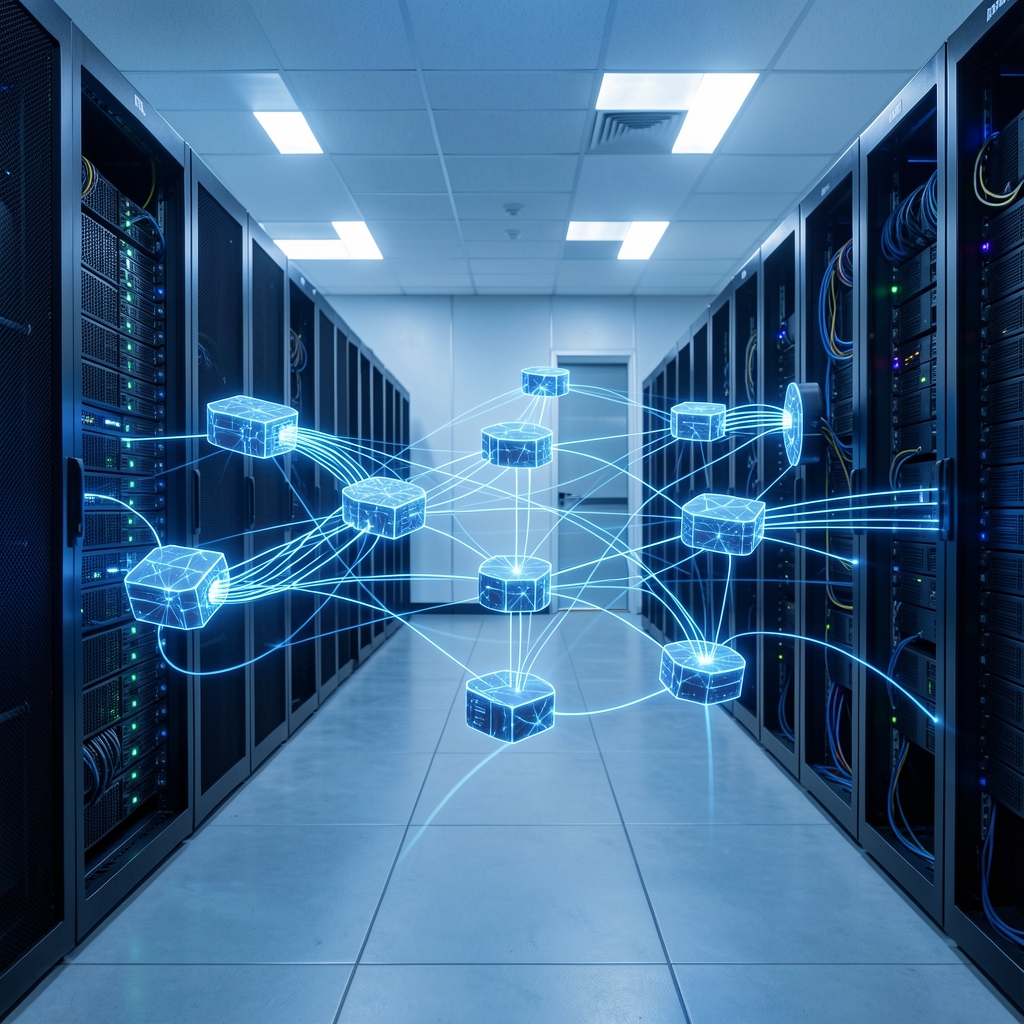 Cloud computing concept visualization showing interconnected server nodes and data flows in a blue-lit data center environment
