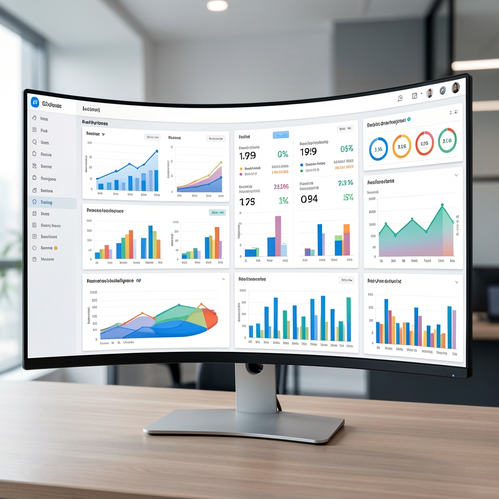 Business intelligence analytics dashboard on a large curved monitor showing real-time data visualizations, charts, and KPI metrics