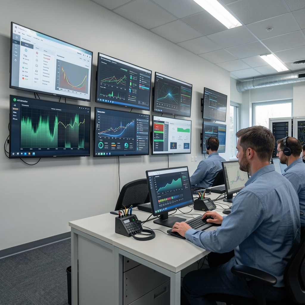 Network operations center with technicians monitoring wall-mounted screens displaying real-time infrastructure health and alert dashboards