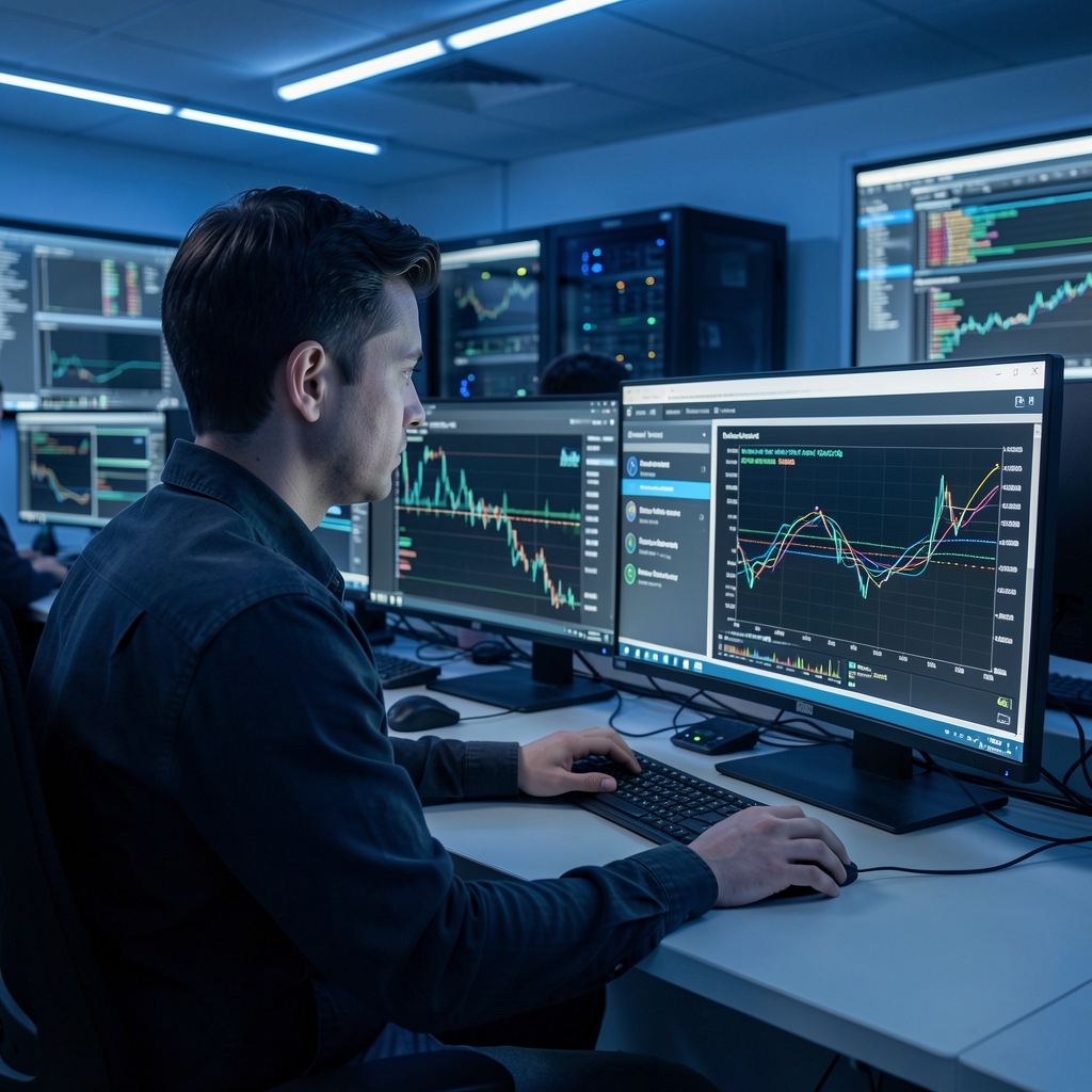 Cybersecurity analyst at a workstation monitoring network traffic and threat detection alerts in a secure operations center with dim blue lighting