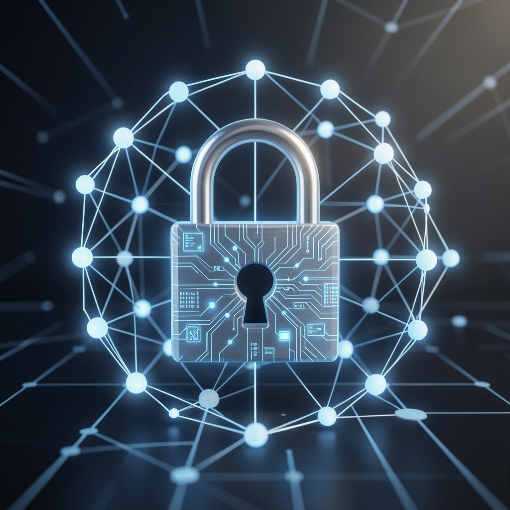 Digital padlock icon surrounded by glowing network nodes representing zero trust cybersecurity architecture for enterprise networks