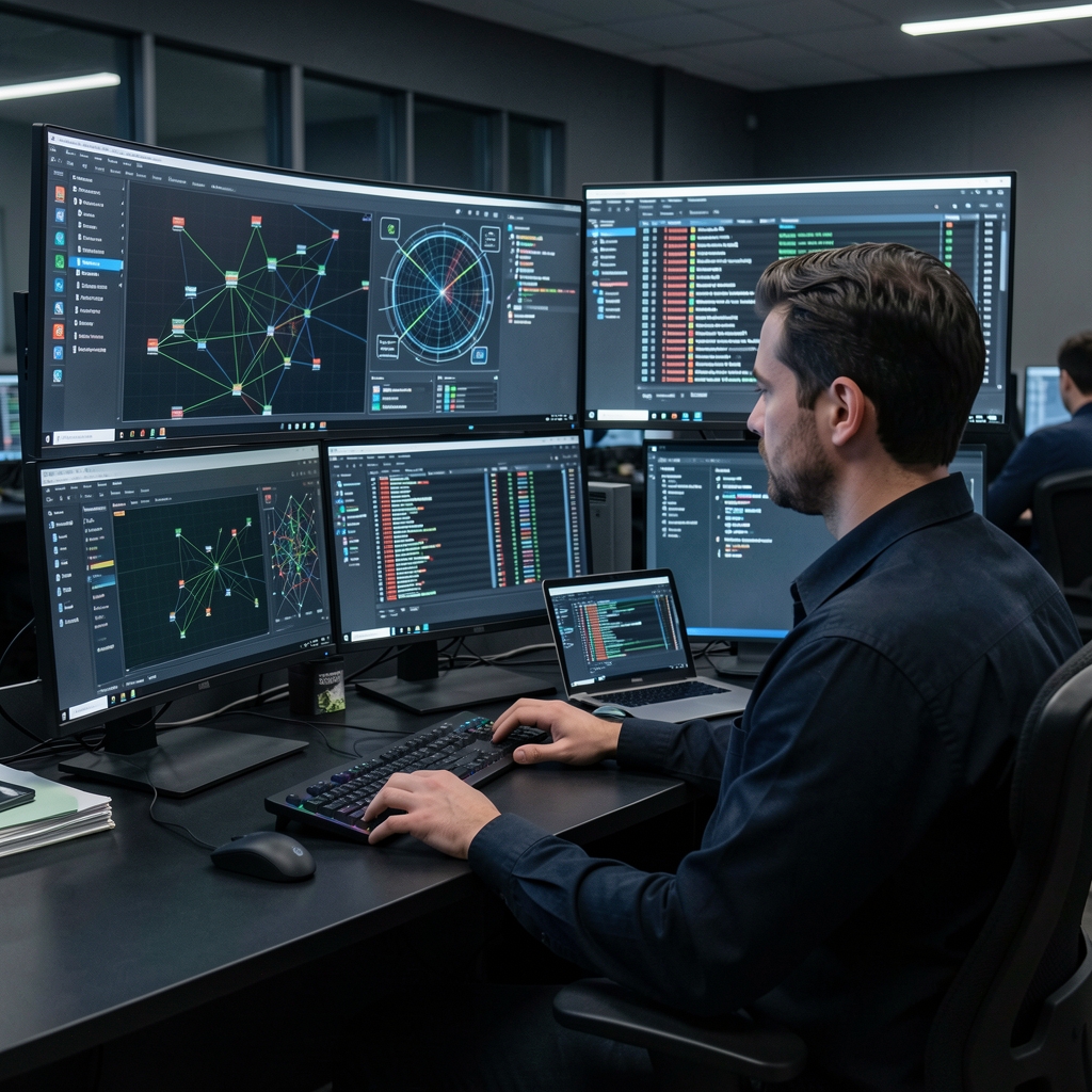 Cybersecurity analyst at a workstation in a dark operations center with multiple monitors displaying network topology maps and security event logs