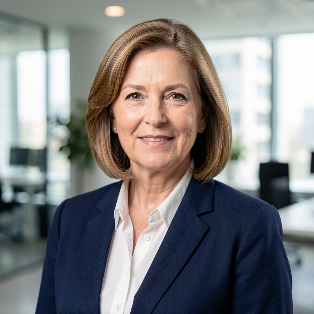 Professional headshot of a senior female technology executive wearing a blazer in a modern corporate office environment