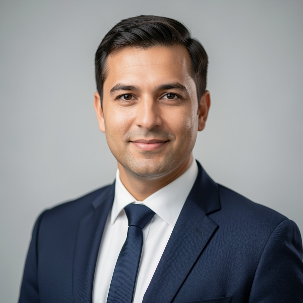 Professional headshot of an IT operations and managed services director in business attire with a light gray studio backdrop